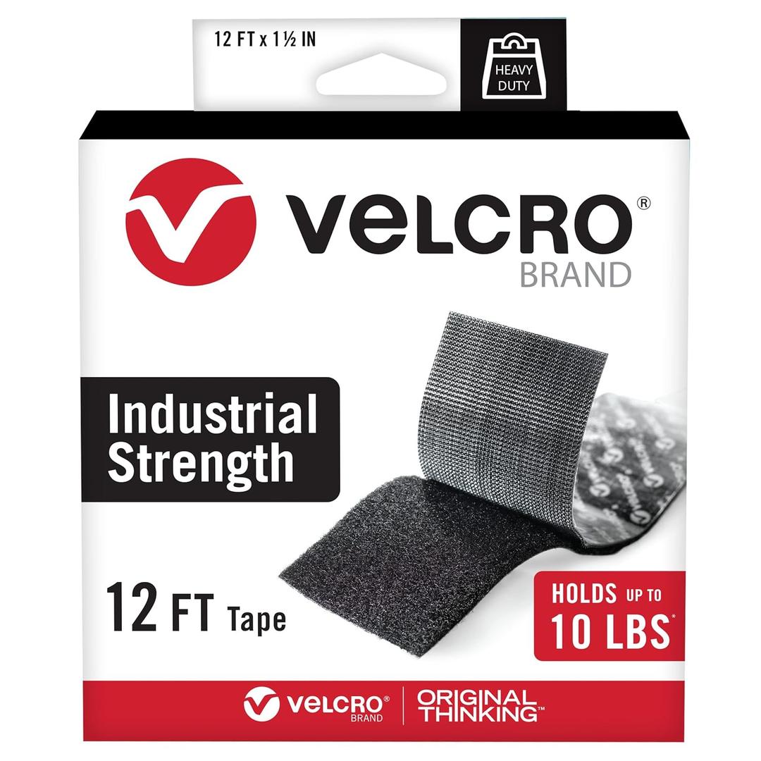 VELCRO Brand Heavy Duty Tape | 12 Foot Roll | Strong Sticky Back Adhesive Holds up to 10 lbs | Industrial Strength Fasteners for Indoor or Outdoor Use | 1-1/2in Width, Black (VEL-30836-USA)