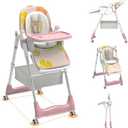 Baby High Chair for Toddlers with Adjustable Backrest/Footrest/Seat Height, Foldable with 4 Wheels, Double Removable Tray (Pink)