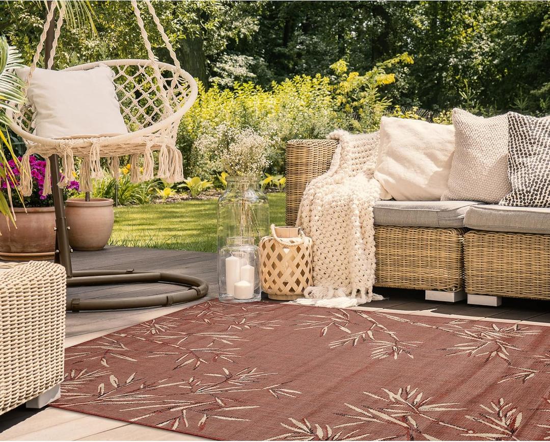 Liora Manne Carmel Indoor/Outdoor Power Loomed Synthetic Blend Low Profile Area Rug - Transitional Border Botanical Leaf Decorative (Bamboo Border Chili) (3'3" x 4'11")