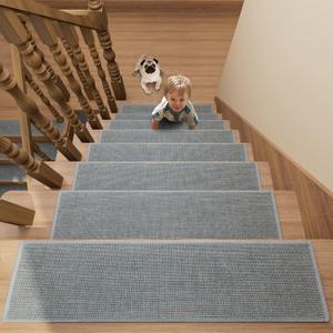 Stair Treads Carpet 15 pcs for Wooden Steps with Non Slip Rubber Backing, 100% Polyester Soft Stairs Resistant Indoor Skid Runner Safety Rugs for Kids Elders and Pets 30" * 8" (Gray-Dense Knitting)