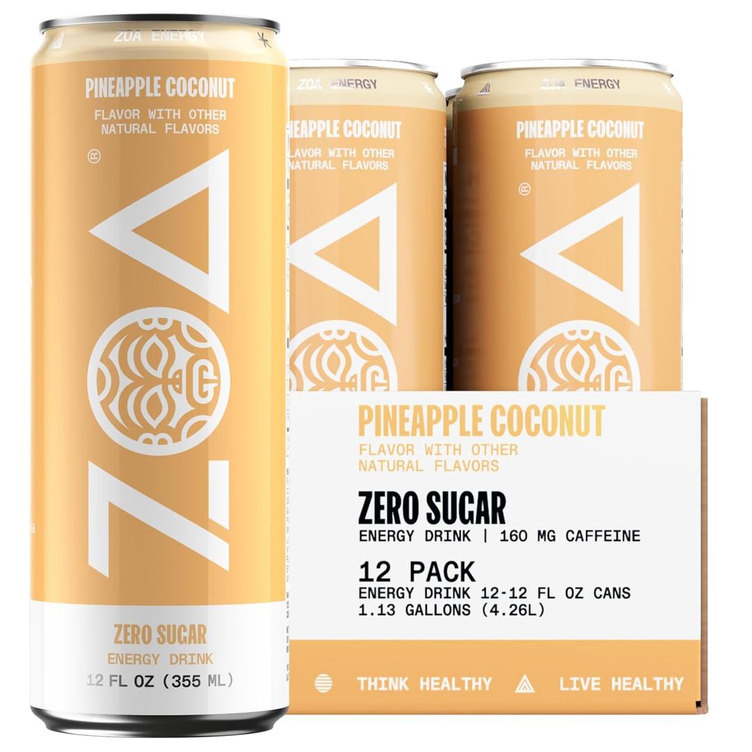 ZOA Zero Sugar Energy Drinks - Pineapple Coconut | Healthy Energy Formula with Natural Caffeine, Daily Vitamin C, Essential B-Vitamins | Gluten-Free, Keto Friendly | 12 Ounce Cans (Pack Of 12) (EXP 10/03/26)