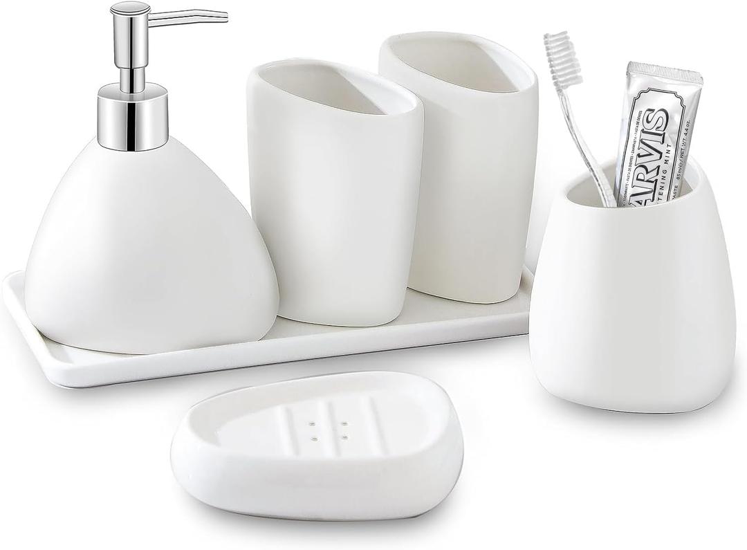 Ceramic Bathroom Accessory Set with Ceramic Tray, 6 Pieces Bathroom Countertop Accessory Set, Include Soap Dispenser, Toothbrush Holder, 2 Tumbler, Soap Dish, Vanity Tray, White