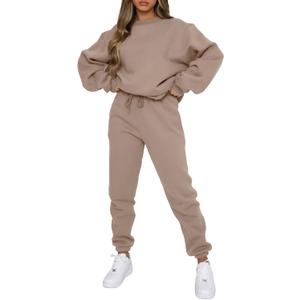 Viatabuna Women's 2 Piece Fleece Sweatsuit Outfit Long Sleeve Crewneck Pullover Sweatshirt Drawstring Jogger Pants Lounge Set (Brown, XL)