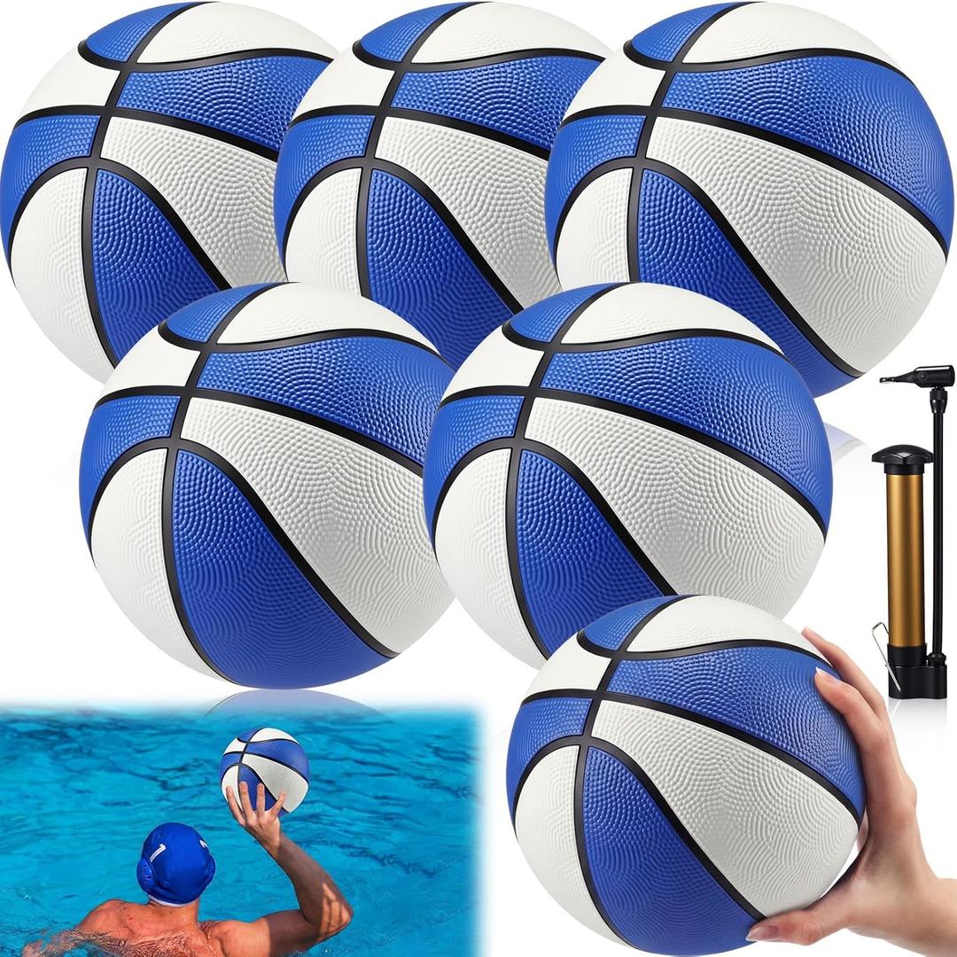 Seenelling 6 Pack Pool Basketball Size 3/4 Water Basketball Bulk with Pump Mini Ball Summer Pool Water Games for Indoor Outdoor Mini Ball Holder Waterproof Party Favors