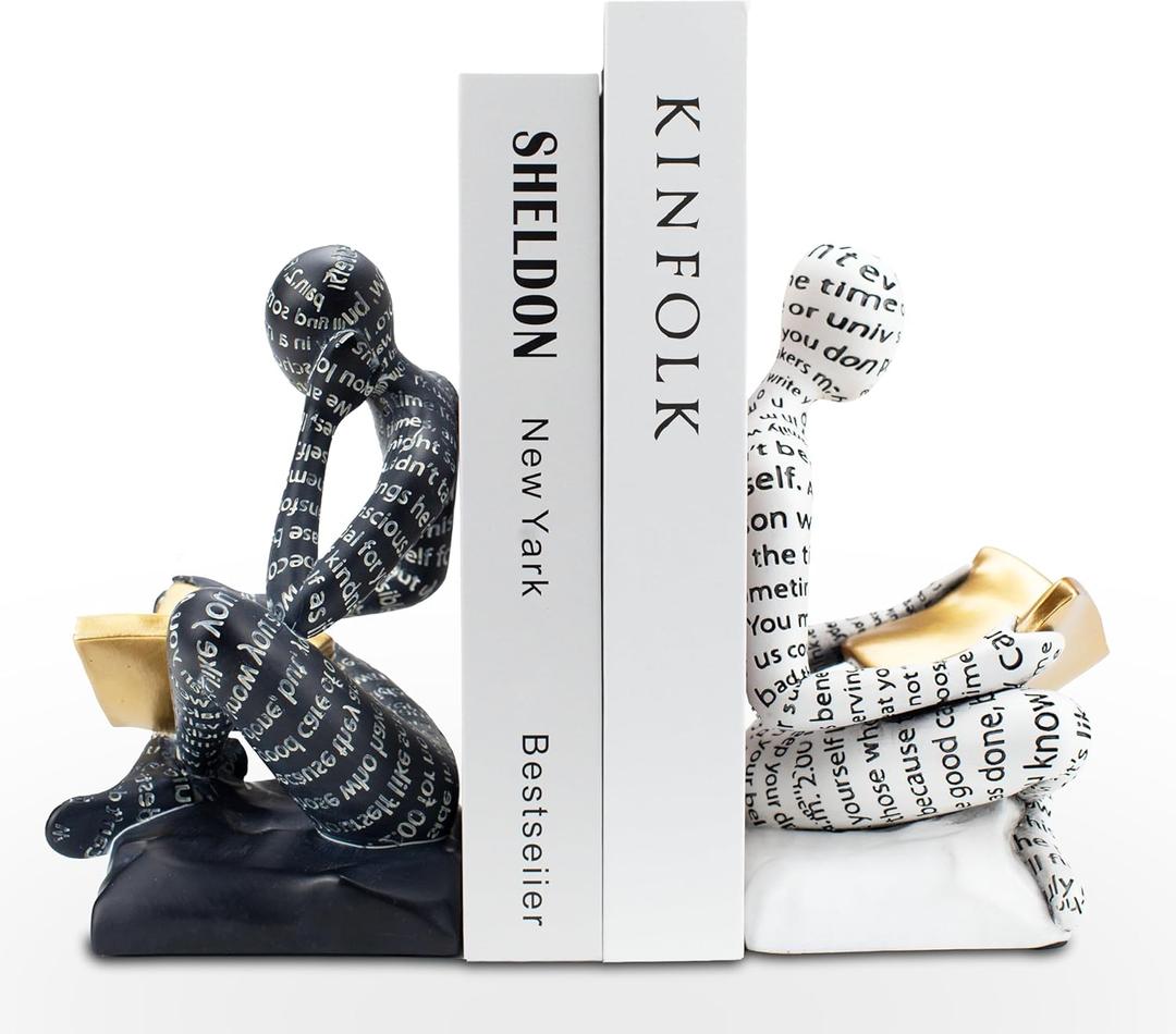 Heavy Duty Book Ends for Shelves, Thinker Decorative Bookends for Heavy Books, Unique Book Stoppers to Hold Book, Bookshelf Accessories, Modern Home Office Decor Aesthetic Black & White