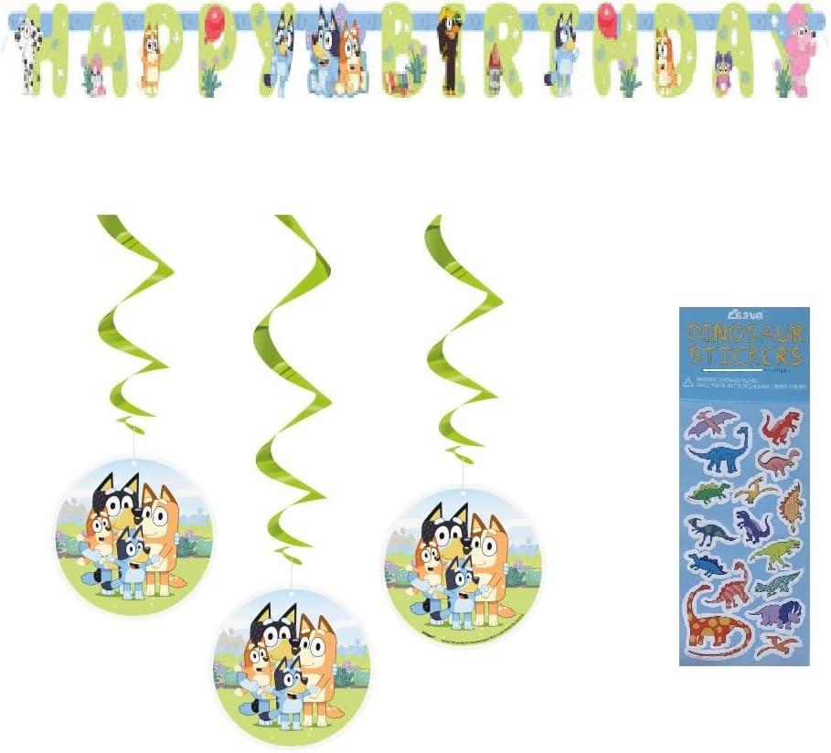 Bluey Birthday Party Supplies Bundle includes 1 Happy Birthday Banner , 3 Hanging Swirl Decorations, 1 Dinosaur Sticker Sheet