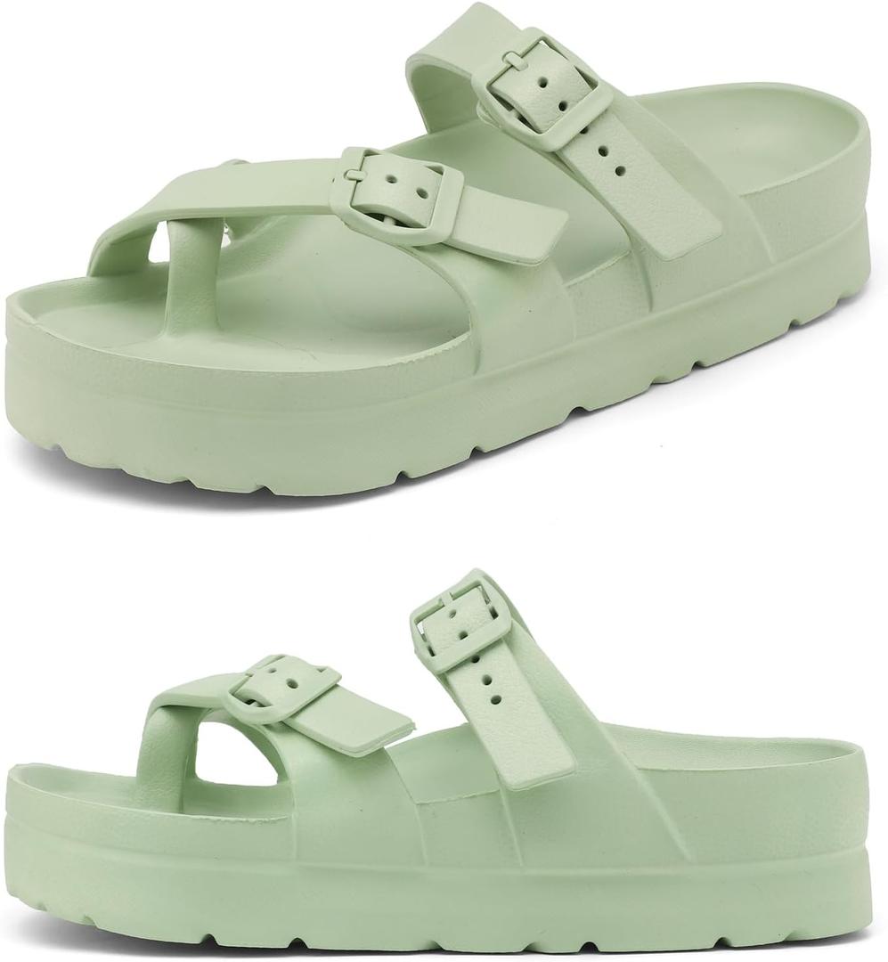 Womens Platform Sandals with Arch Support, Adjustable Buckle Beach Sandal Woman Comfort Lightweight Ultra Cushion EVA Slides (Green)