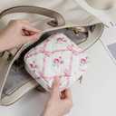 Small Quilted Cotton Makeup Bag for Purse, Cosmetic Bag with Compartments, Cotton Aesthetic Makeup Bag, Travel Toiletry Pouch, Key Pocket Lipstick Bag Card Holder Data Cable Organizer (04Pink Bow)