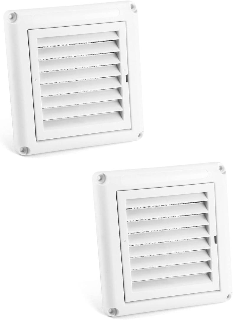 QWORK Air Vent ABS Louver Grille Cover, 2 Pack 4" Square Covers with Built-in Fly Screen Mesh for Bathroom Office Home