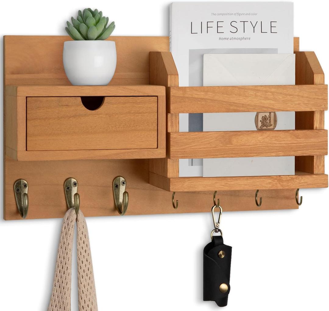 Lwenki Wall Mount Key Holder with Mail Organizer, 100% Paulownia Wood, 7 Metal Hooks, Storage Drawer, Entryway Home Decor (Light Brown)