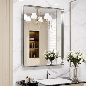 LOAAO 24X32 Inch Brushed Nickel Bathroom Mirror, Rounded Rectangle Silver Metal Frame Mirror, Brushed Nickel, Anti-Rust, Shatter Proof, Hangs Horizontally or Vertically