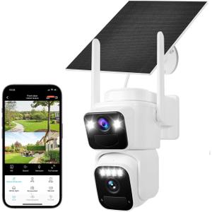 Dual Lens Dual Screen 2K Solar Security Camera Wireless Outdoor 360 View Battery Powered Camera with Spotlight Color Night Vision, PIR Sensor WiFi Home Security System