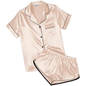 Ekouaer Womens Silk Satin Pajamas Short Sleeve PJS Shorts Set Soft Button Down Sleepwear 2 Piece Loungewear S