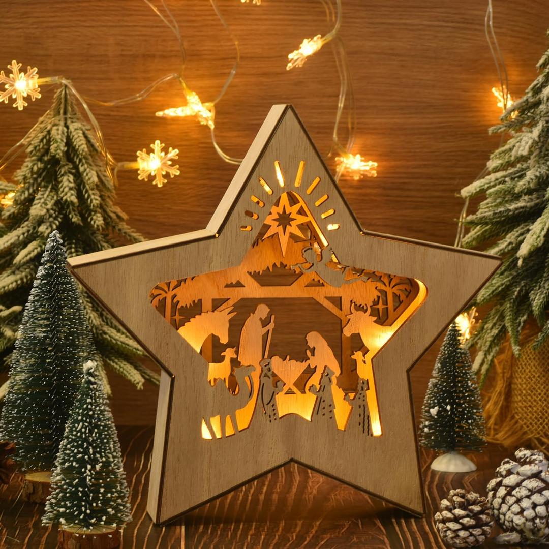 Nativity Scene Christmas Ornament, 3D Layered Holy Family LED Lights Decoration for Table/Shelves/Fireplace, Rustic Wooden Farmhouse Holiday Home Decoration (Wood Color)