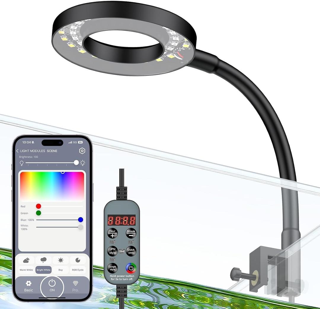 Pawfly Aquarium Light, 6 W Bluetooth Fish Tank Light, Full Spectrum Clip On Aquarium Lights for 1-5 Gallon Tanks, USB 24/7 LED Lights with Timer & Adjustable Brightness (Adapter Not Included)