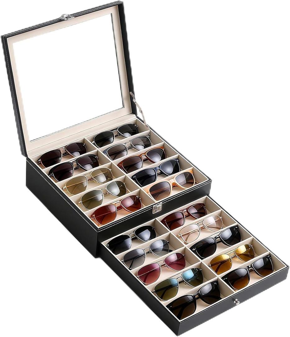20 Slots PU Leather Sunglasses Organizer Jewelry Box,Multiple Pairs of Large Sunglasses Case Holder with Clear Lid (Black)