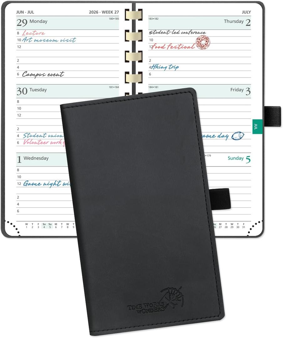 POPRUN 2026 Pocket Planner (Slim Size 3.5'' x 6.5'') Weekly and Monthly Calendar for Purse, with Hourly Time Slots, 100GSM Thick Paper, Spiral Soft Cover, Pen Holder, TJ - Black
