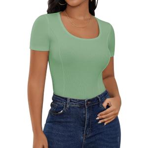 YATHON Womens Ribbed Knit Scoop Neck Basic Tops for Women Fitted Summer Short Sleeve Pleated Tshirt (Medium, Green)