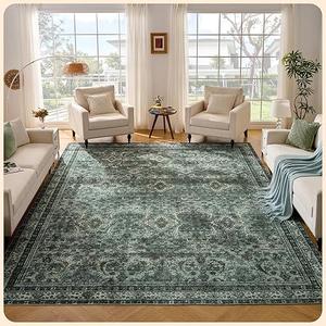Istana Living Room Rug 10x14 - Dark Green 10 x 14 Area Rug - Foldable Machine Washable Area Rugs 10x14 - Stylish 10x14 Area Rugs Boho - Stain Resistant Washable Rug 10x14