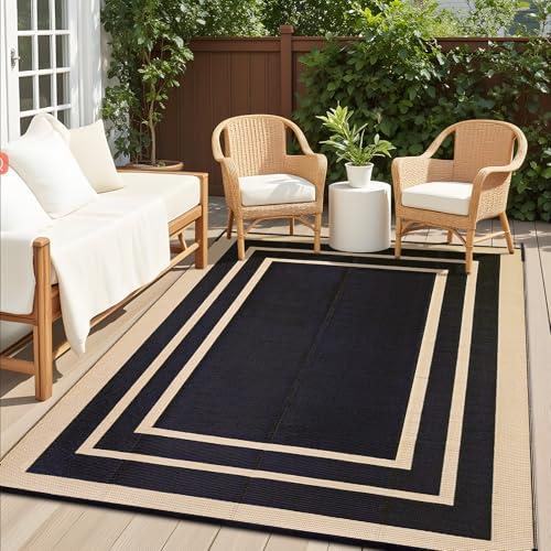 OLANLY Outdoor Rug 6x9 ft Waterproof, Reversible Outdoor Plastic Straw Rug, RV Mat, Indoor Outdoor Carpet Clearance for Patio, Camping, Balcony, Deck, Backyard, Black & Beige