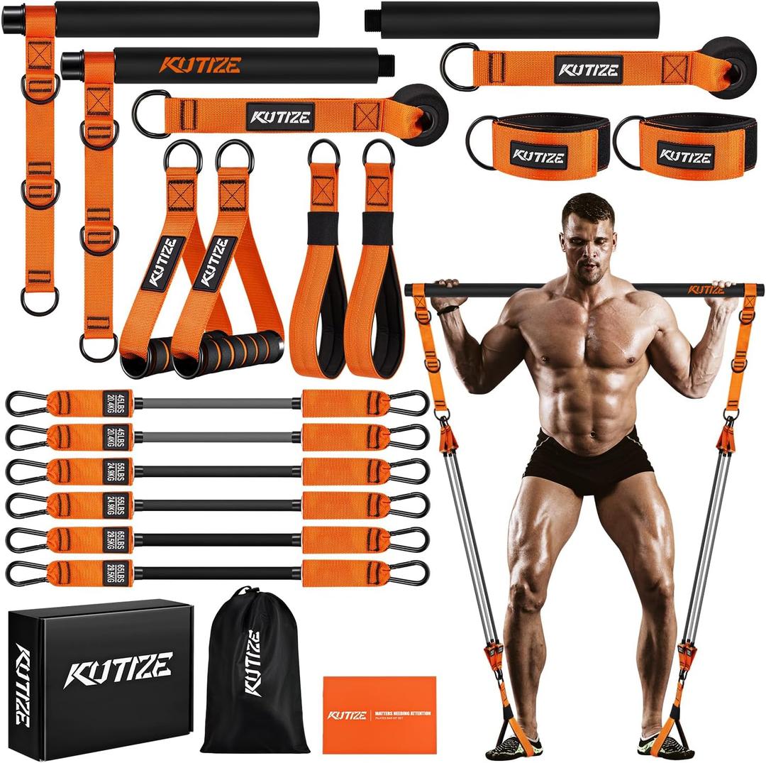 KUTIZE Pilates Bar Kit with Resistance Bands, Heavy Duty Pilates Equipment for Men, Training Bands with Handles for Legs, Hip, Back, Arm, Abs, Chest, Shoulders, Portable Home Gym Workout Equipment (1-Orange)