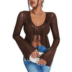 GORGLITTER Women's Sheer Bell Long Sleeve Crop Tops Y2K Fall Mesh Tie Front Gothic Concert Going Out Tops Trendy Dressy (Brown, L)
