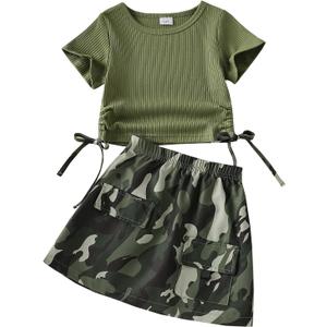 Girls' 2-Piece Skirt Set Round Neck Drawstring Double Cropped T-Shirts and Camouflage Skirt Outfits (6-7 Years, Green)