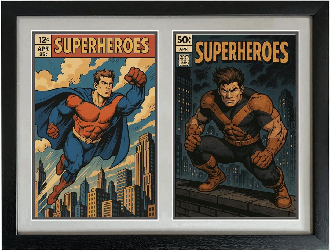 Comic Book Frame (DOUBLE FRAME) (1 Pack of Double Frame Black Frame, White Mat)