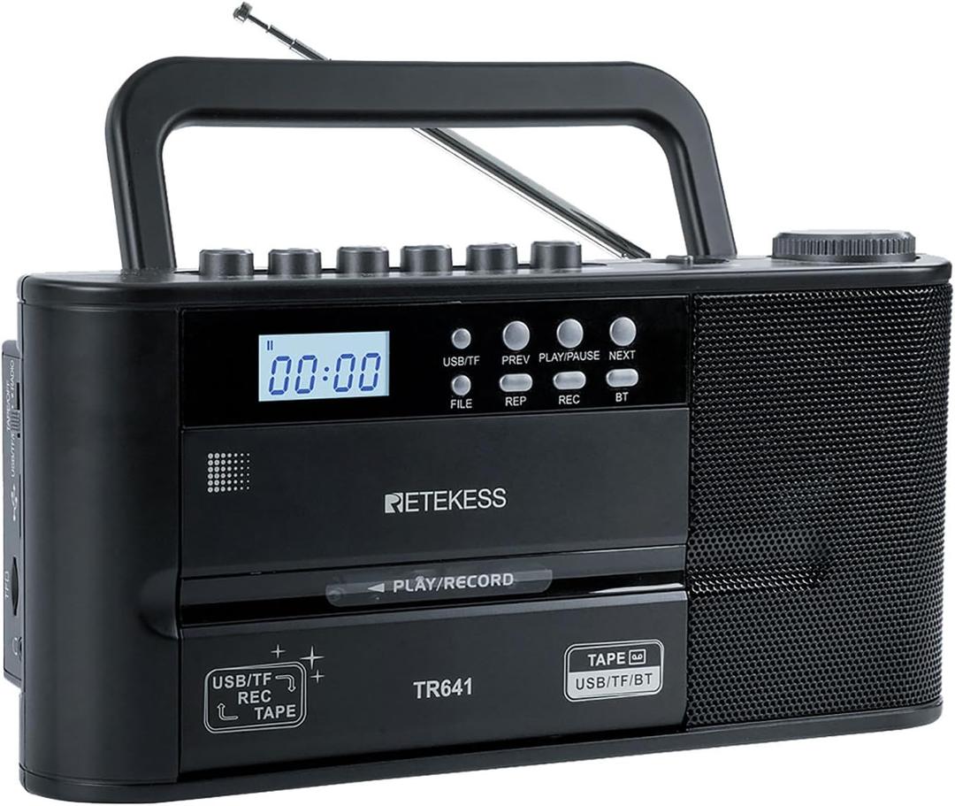 Retekess TR641 Cassette Player Recorder, Cassette to Digital Converter, AM/FM Radio, Boombox with Earphone Jack, USB/TF, Wireless Connection, Battery or AC Powered