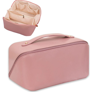 2 x Lunarsoft Leather Makeup Bag,Pink Large Cosmetic Case with Dividers & Handle, Water-Resistant Lining, Multi-Pockets, Portable Toiletry Bag Organizer,Packing Underwear Organizer Bag