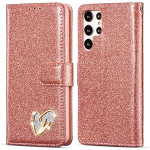 QLTYPRI for Samsung Galaxy S23 Ultra Wallet Case Bling Shiny Glitter Flip Folio Case Full-Body Protective Cover Card Slots Magnetic Closure Kickstand Wrist Strap for Women Girls S23 Ultra - Rose Gold