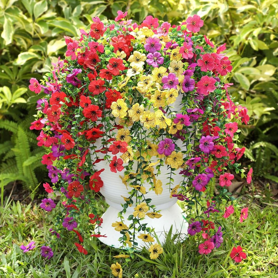 Artificial Flowers for Outdoors Spring Decor, 6 Bundles UV Resistant Realistic Faux Silk Hanging Flowers, Fake Plants for Planter Indoor Outside Garden Porch Patio Balcony Yard Farmhouse (Multicolors)