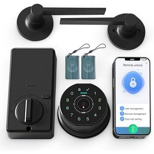 Smart Door Lock with Keypad, Black, Remote Unlock, Keyless Entry, Includes 2 RFID Cards and Lever Handles