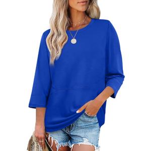 XIEERDUO 3/4 Length Sleeve Tops for Women Business Casual Blouses Slit Side Shirts Blouses Summer Fashion Clothes 2026 (Medium, Royal Blue)