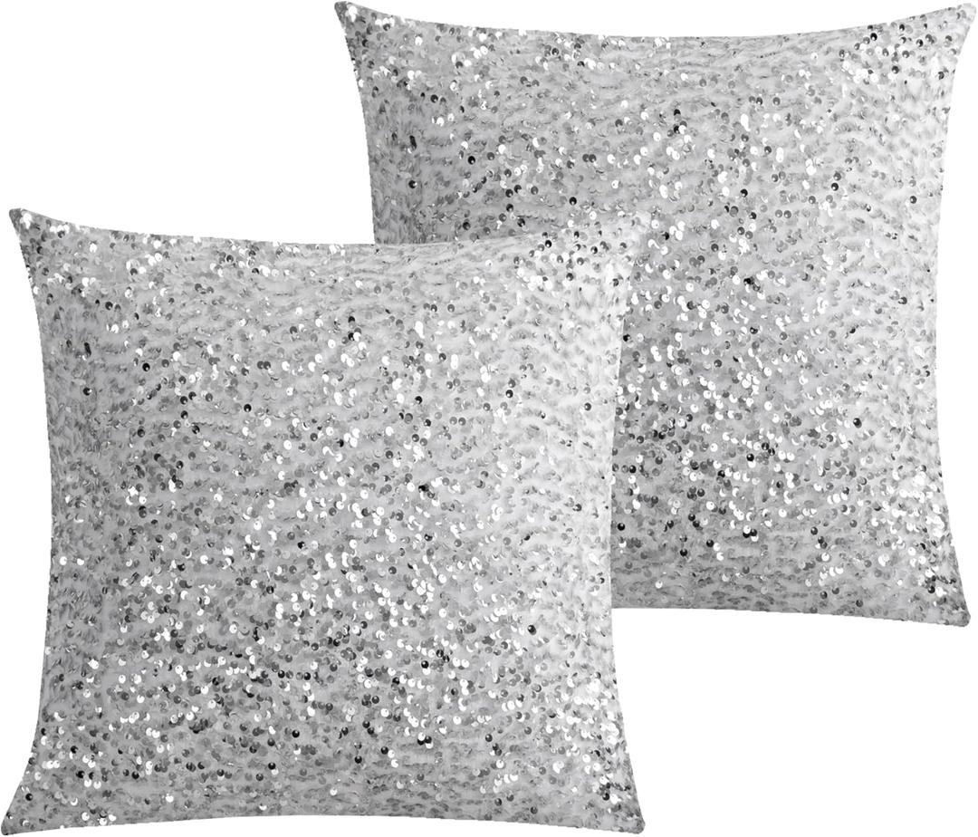 LIGICKY Set of 2 Silver White Glitzy Sequin Throw Pillow Covers Sparkling Decorative Gilter Metallic Square Cushion Cover Glam Pillow Cases for Sofa Couch Bedroom Home Party Decor (16 x 16 Inches)