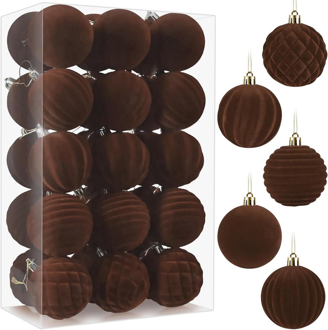 30pcs Velvet Christmas Ornaments Balls, 2.36 Inch Flocked Brown Shatterproof Baubles with Hanging Strings, Elegant Velvet Ball Ornaments for Xmas Tree, Holiday Party & Home Dcor (Brown)