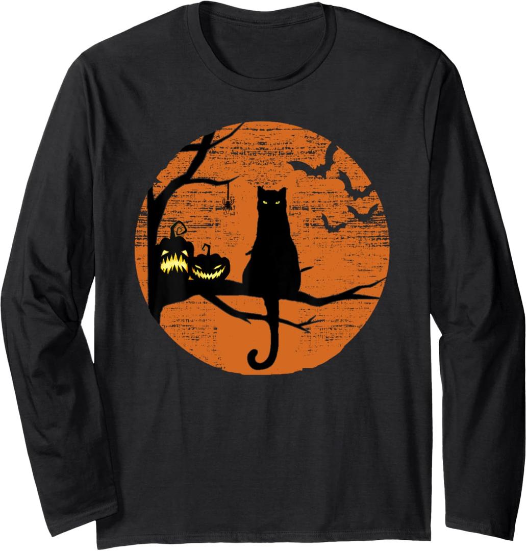 Vintage Scary Halloween Black Cat Costume Retro Moon Cat Mom Long Sleeve T-Shirt, Size XL