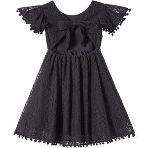 Niyage Backless Toddler Dress Open Back Girls Lace Bow Tie-Back Pom Pom Flutter Sleeves Party Princess Dresses,2T