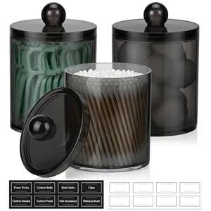 3 Pack Acrylic Qtip Holder Dispenser for Cotton Swabs, Balls, Pads, Floss Picks- Clear Plastic Canister Apothecary Jar Set, Bathroom Essentials Accessories Decor Vanity Makeup Storage Organizer -Black