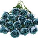 80 Pcs Roses Artificial Flowers, Silk Gradient Dusty Blue Artificial Flowers Petals Long Stem Roses for Mom Bouquet Home Party Decor