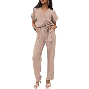 PRETTYGARDEN Women's One Piece Jumpsuits Dressy Casual Summer Short Sleeve Wrap V Neck Belted Wide Leg Pants Romper (Large, Beige)