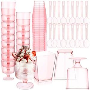 Funnymoom 32 Pcs Pink Dessert Cups Mini Clear Plastic Dessert Parfait Cup Dessert Square Shot Glasses Round Goblet Shooters Ice Cream Cake Party Supplies (5 oz)