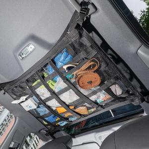 Car Ceiling Cargo Net with 3 Pockets,31.5"x21.6" Car Overhead Storage Mesh Organizer,Double Layer Roof Mesh Camping Overlanding Gear Must Haves Cargo Net,Road Trip Essentials