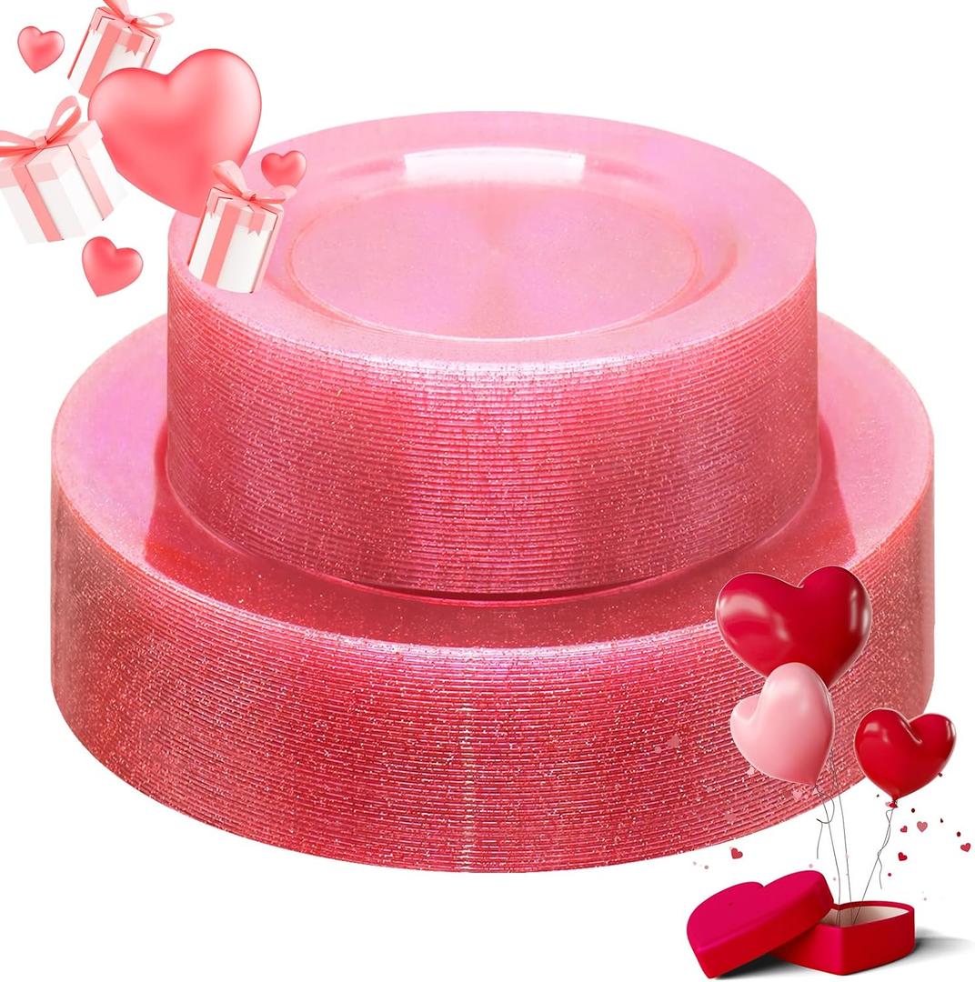 50PCS Pink Plastic Plates - Heavy Duty Pink Disposable Plates - Include 25PCS 10.25inch Dinner & 25PCS 7.5 inch Dessert/Salad Plates - Ideal for Valentine's Day, Birthday, Wedding, Bridal Shower
