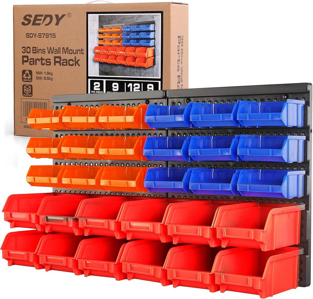 KJE 30PCS Wall Mounted Storage Bins, Plastic Tool Organizer for Garage Storage, Screws, Nuts, Bolts, Small Hardware Parts 