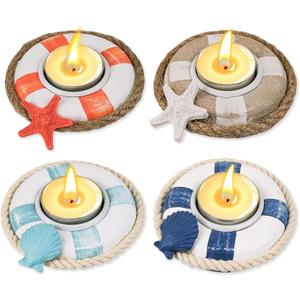 SAILINGSTORY Wooden Life Ring Tealight Candle Holder Nautical Coastal Beach Decor Votive Candle Holder Set of 4 Pack