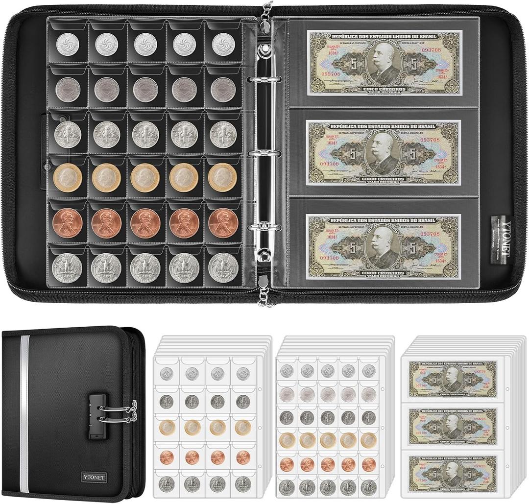 Coin Collection Book Holder for Collectors, Fireproof Coin Collection Supplies with Lock, 320 Pockets Coins Album and 36 Currency Album Storage Organizer, Coins Collector Gifts for Bill, Penny, Black