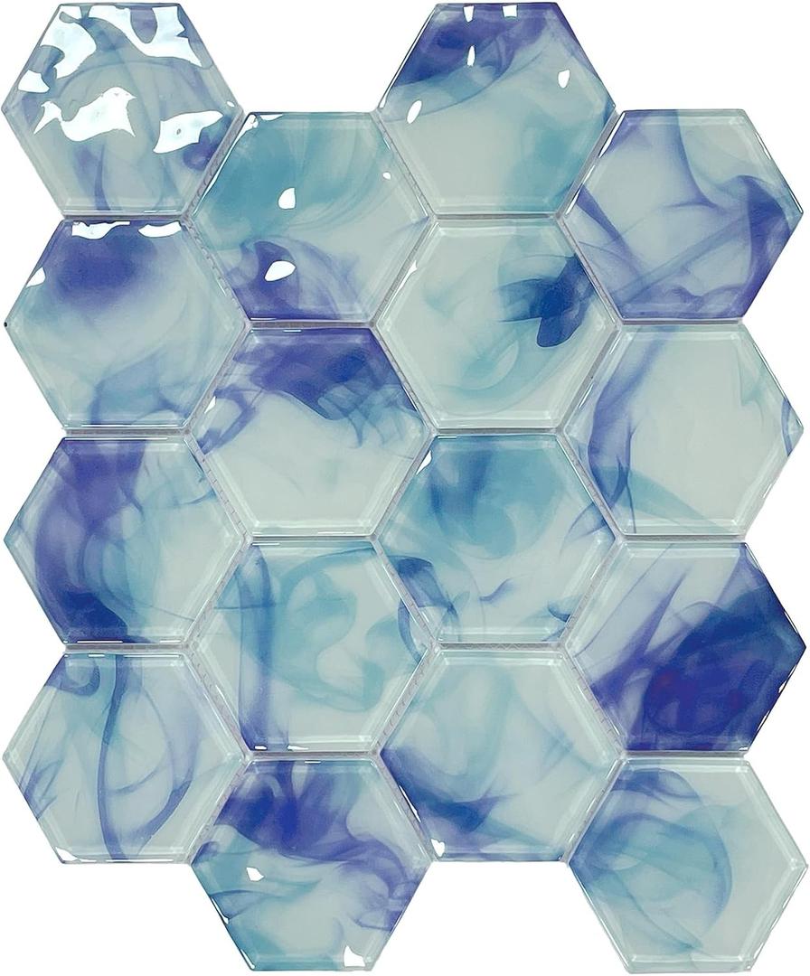 5 Sheets Ink Blue Hexagon Glass Mosaic,Pool Tiles,12" x 10" Kitchen Backsplash Tile