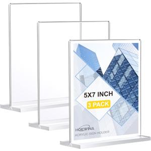 Hoewina Acrylic Sign Holder 5 x 7 Inch 3 Pack - Business & Store Sign Holders - Vertical Double-Sided Acrylic Stands