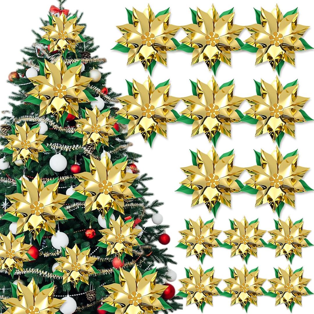 12 Pcs Christmas DIY Poinsettia Artificial Paper Flower Decor for Christmas Tree Ornaments Craft Wall 3D Paper Poinsettia Flower Wreath Decoration for Xmas Holiday Party(Gold)